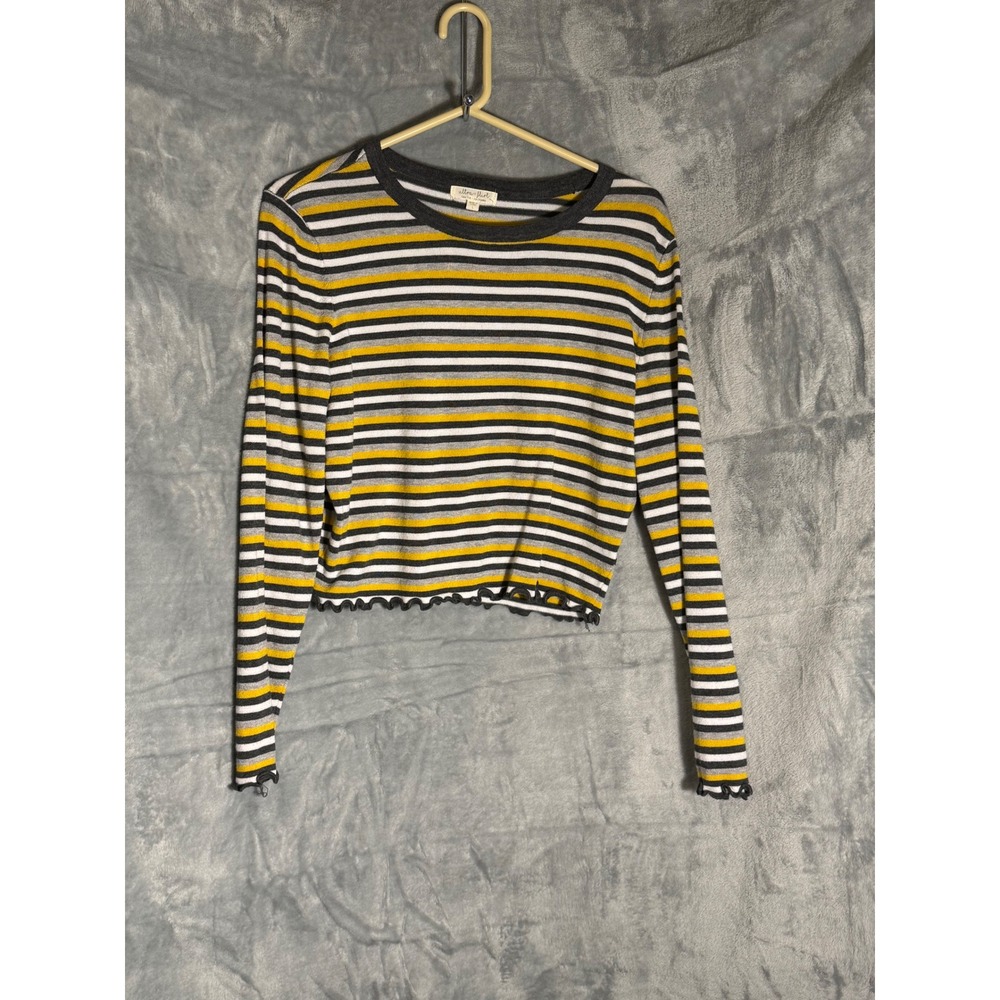 Ultra Flirt Striped Lettuce‎ Hem Long Sleeve Knit Top Yellow Grey White size L